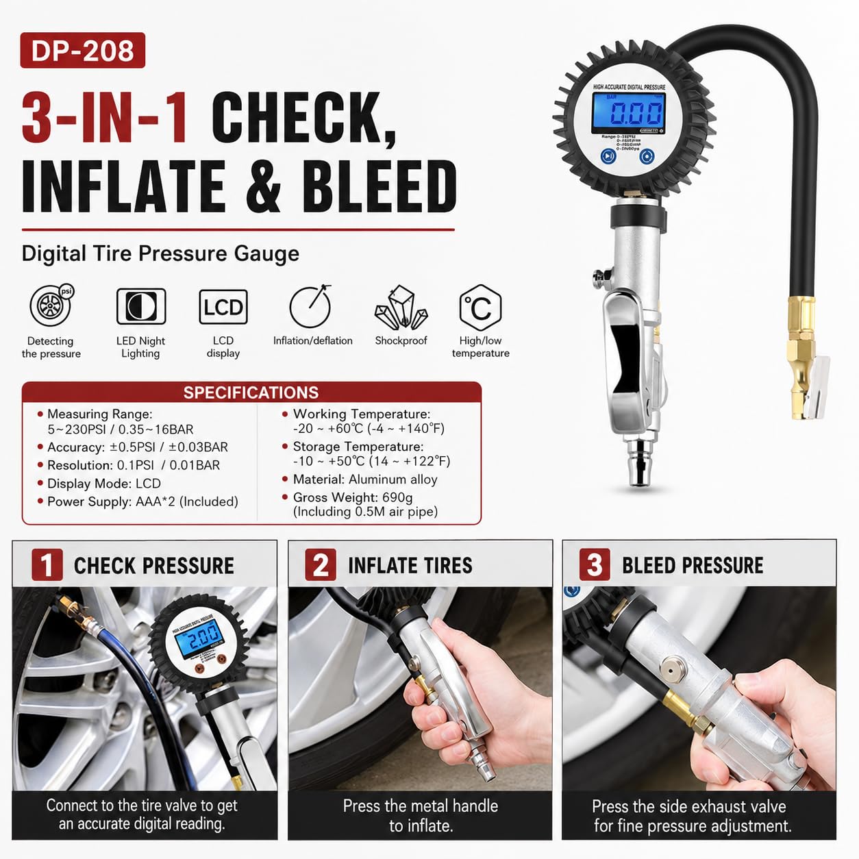 SEAPENG DP-208 Digital Tire Inflator Gauge, 5-230 PSI - Image 10